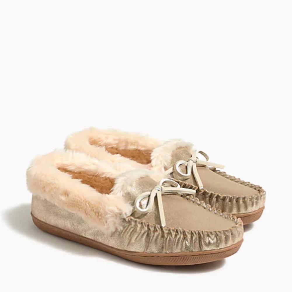 J.Crew Metallic gold faux suede & shearling moccasin slippers size 8 new w/tag
